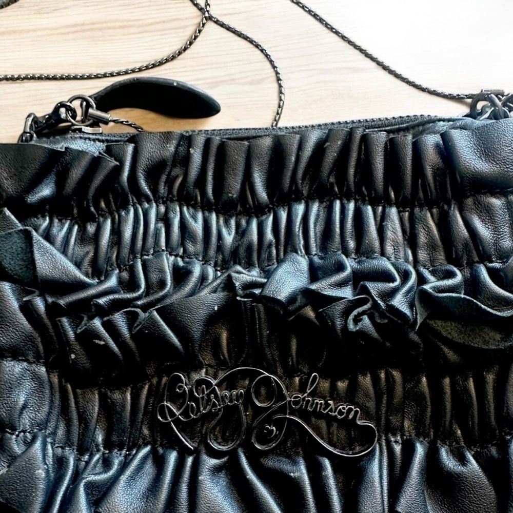Betsey Johnson Geniune Leather Ruffle Evening Handbag Clutch Crossbody - Black - Picture 3 of 5